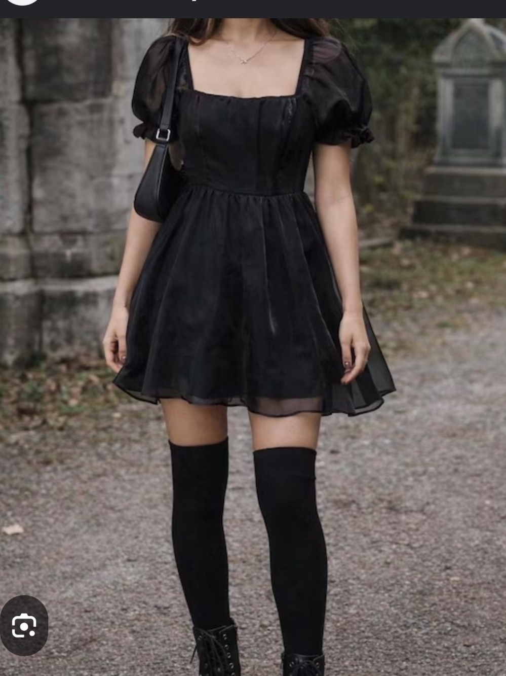 Black Square-Neck Puff Sleeve Mini Dress - Brand:
